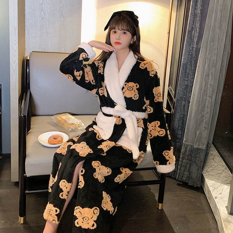 Winter Nightgown Women Coral Fleece Plus Velvet Thick Bathrobe Cute - Mubimart