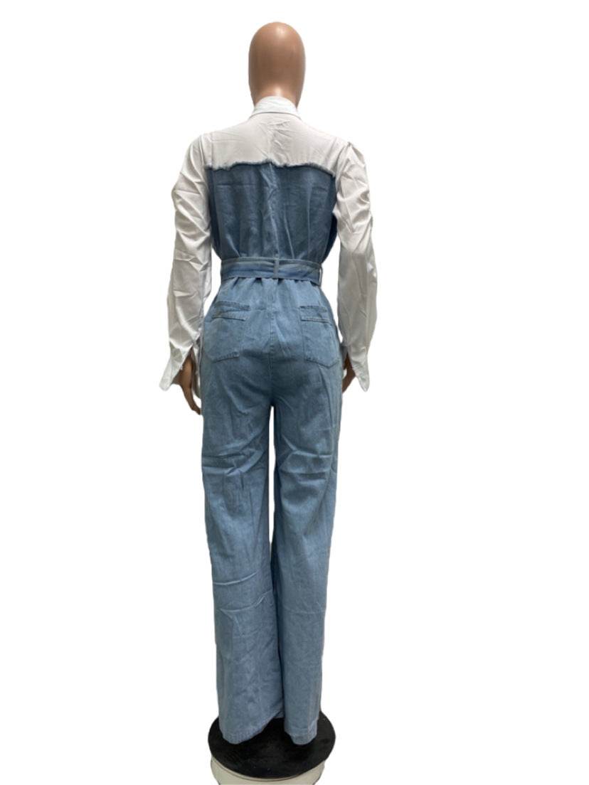 Casual Denim Stitching Plus Size Jumpsuit - Mubimart