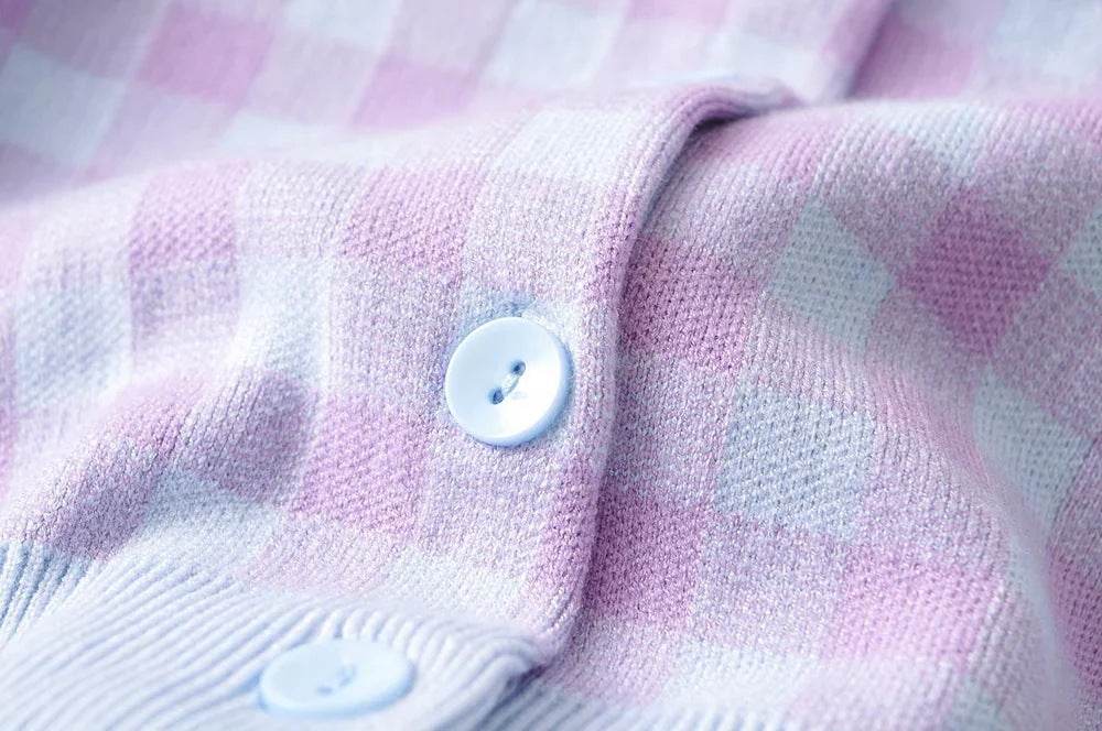 Women Crew Neck Plaid Knit Cardigan Crop Top - Mubimart