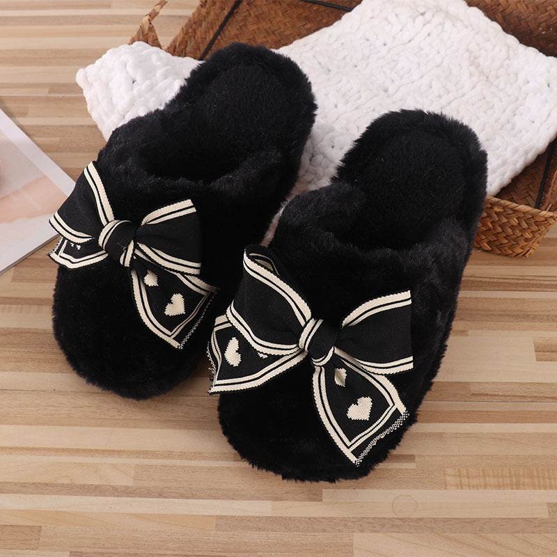 Ins Bow Slippers Home Fashion Warm Non-slip Floor Bedroom Slipper For Women House Shoes - Mubimart