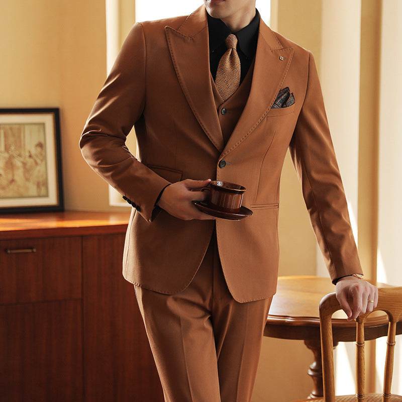 High-end Wedding Bridegroom Suit Suit Closure Collar Suit Three-piece Suit Men Caramel - Mubimart