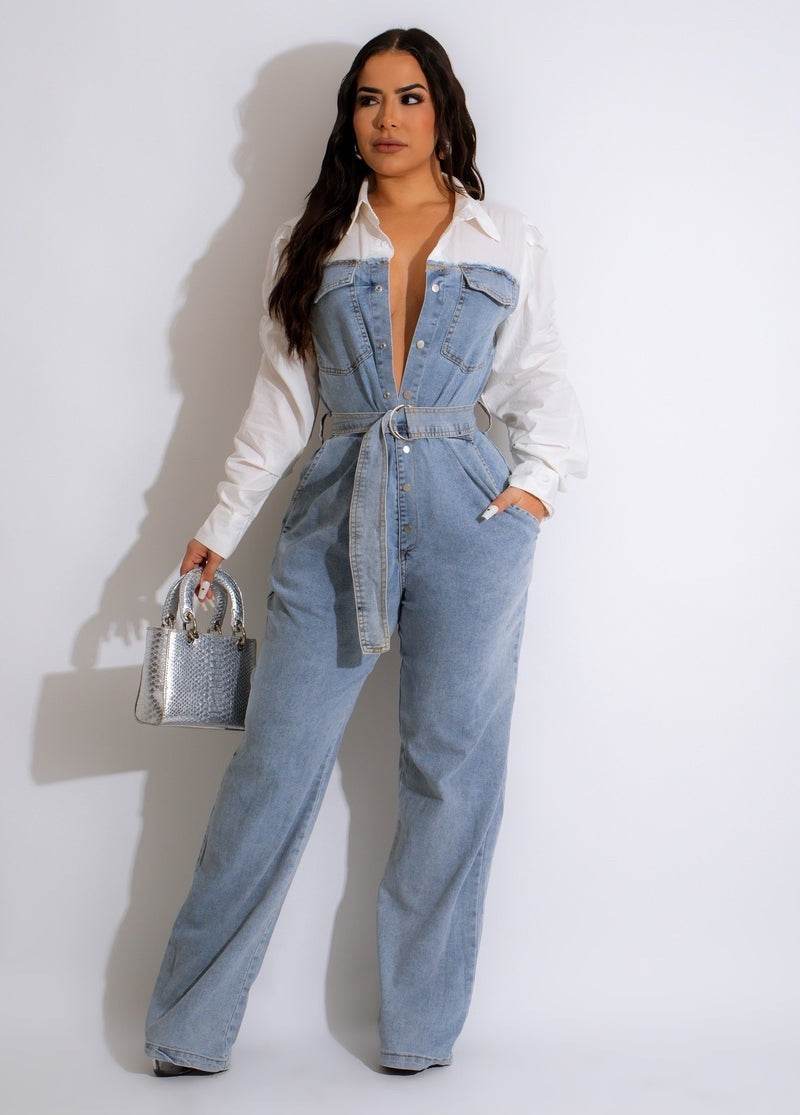 Casual Denim Stitching Plus Size Jumpsuit - Mubimart