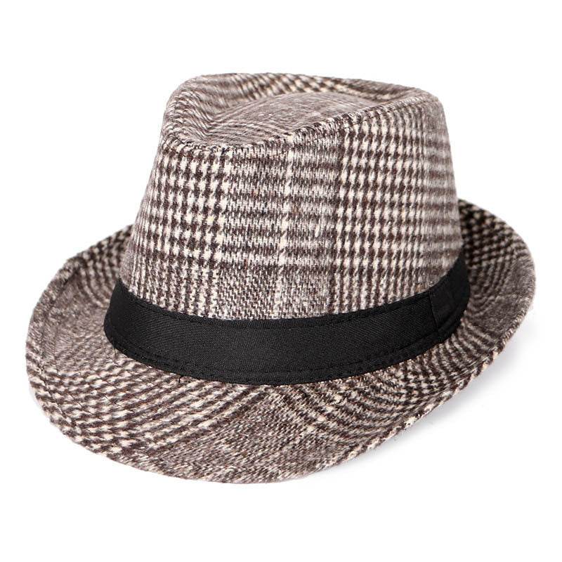 Autumn And Winter New Woolen Cloth Men's Top Hat Men's British Retro Fashion Plaid Fedora Hat - Mubimart