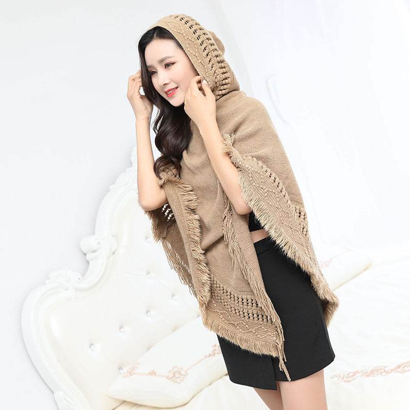 Solid Color Hollow Tassel Plus Size Cape And Shawl - Mubimart