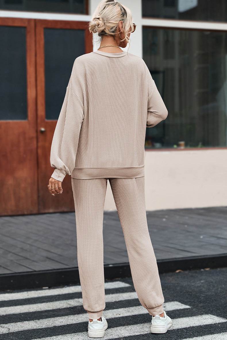 Solid Color Long-sleeved Trousers Loungewear Suit Casual Suit For Women - Mubimart