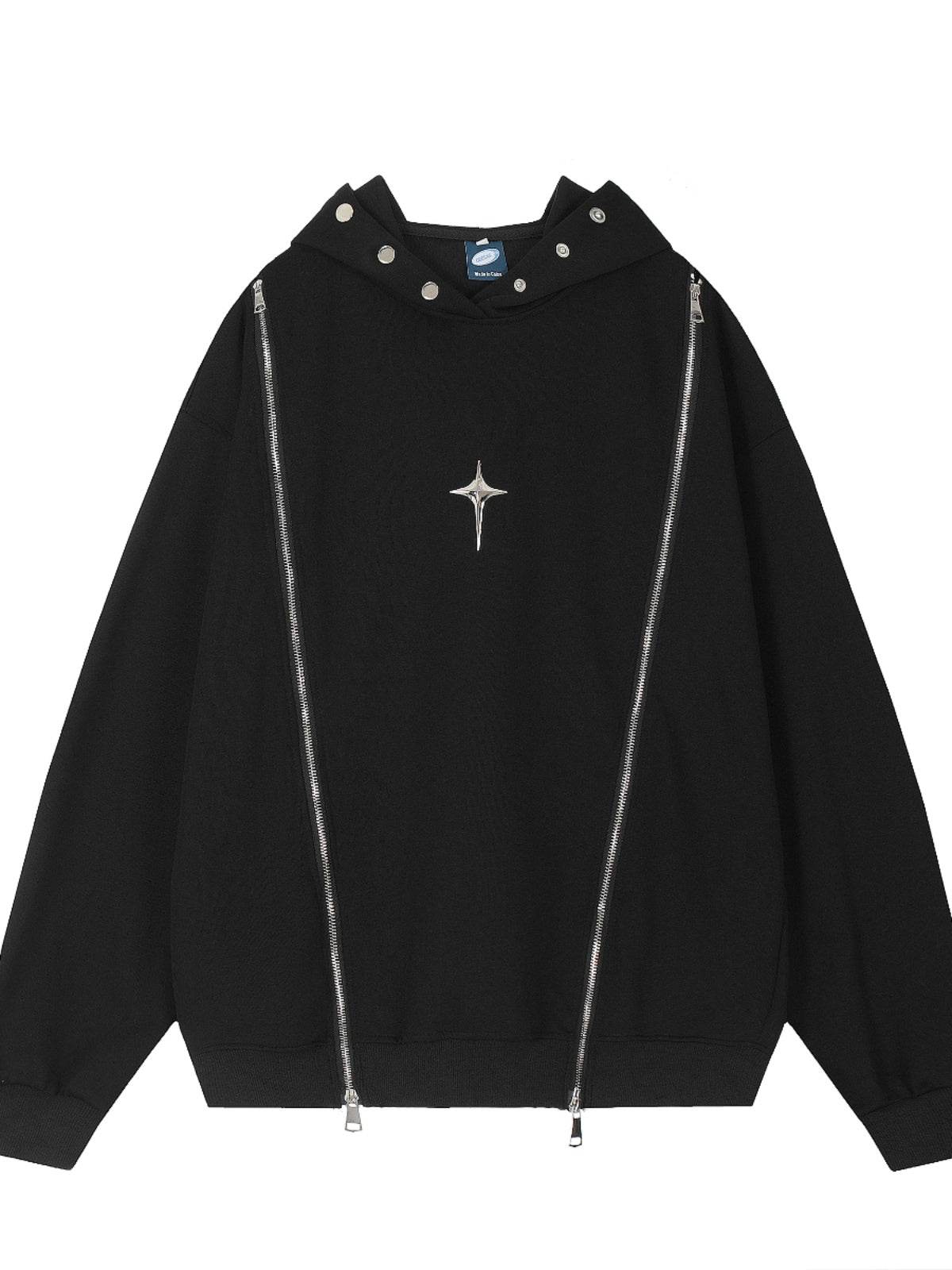 Vintage Street Solid Double Zipper Hoodie - Mubimart