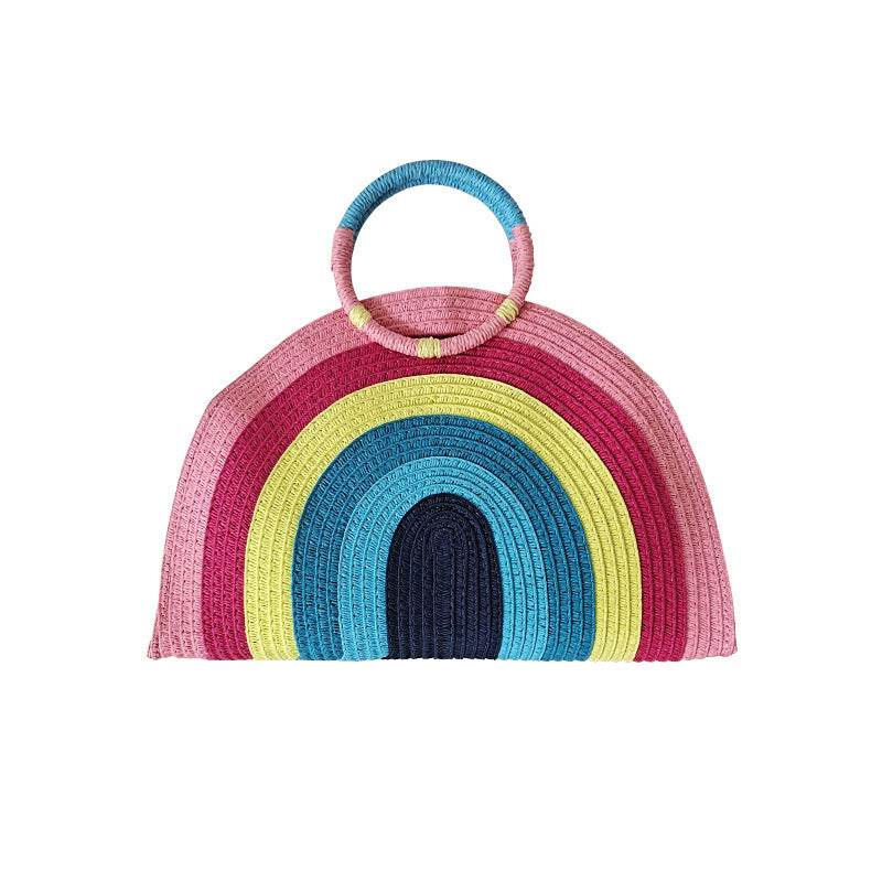 Rainbow portable straw woven bag beach women bag - Mubimart