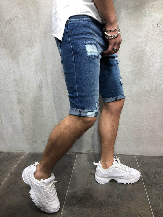 Denim shorts with slim holes and slim men's shorts - Mubimart