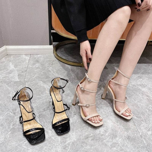 Hollow High Heel Sandals Square Toe Buckle Open Toe Stilettos Women's Shoes - Mubimart