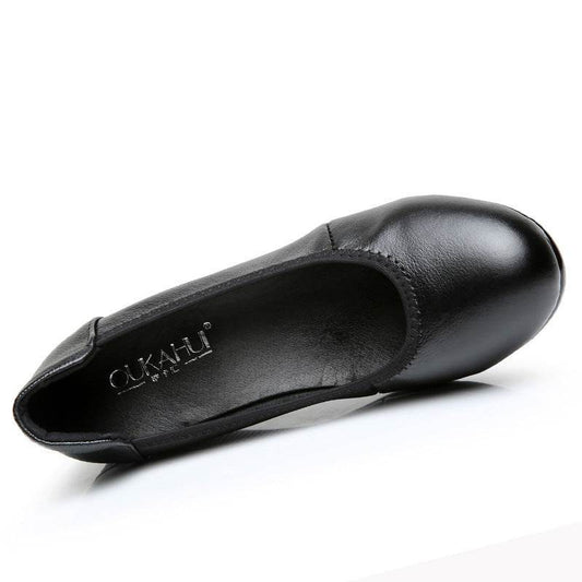 Authentic Leather Work Shoes Women's Black Non-slip Flat Work Leather Shoes - Mubimart
