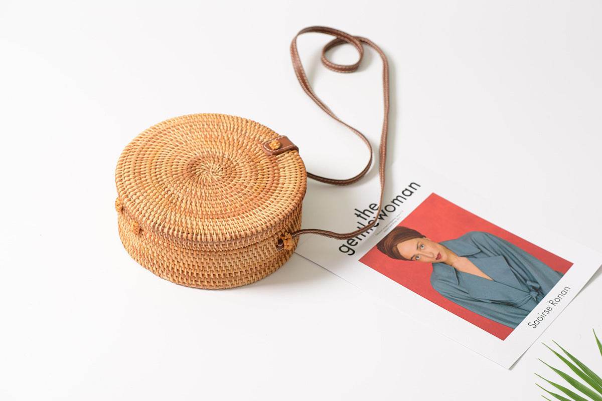 INS CHIC Handmade Crossbody bags Bohemian Straw Bags for Women Little Circle Beach Handbags Summer Vintage Rattan Bag - Mubimart
