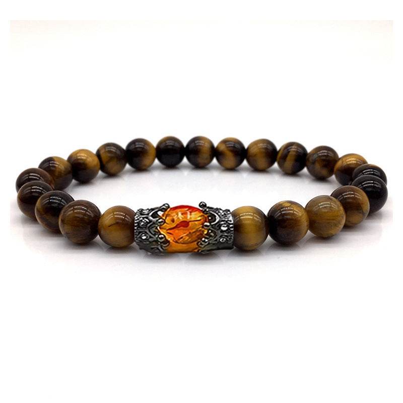 Obsidian Tigereye White-barked Pine Vintage Alloy Crown Bracelet European And American Men And Women Beaded Bracelet - Mubimart