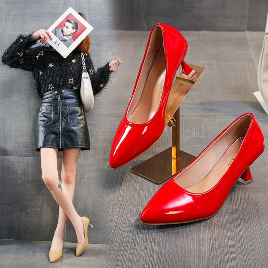 Shallow Mouth Pointed High Heels Sexy Patent Leather Stilettos - Mubimart