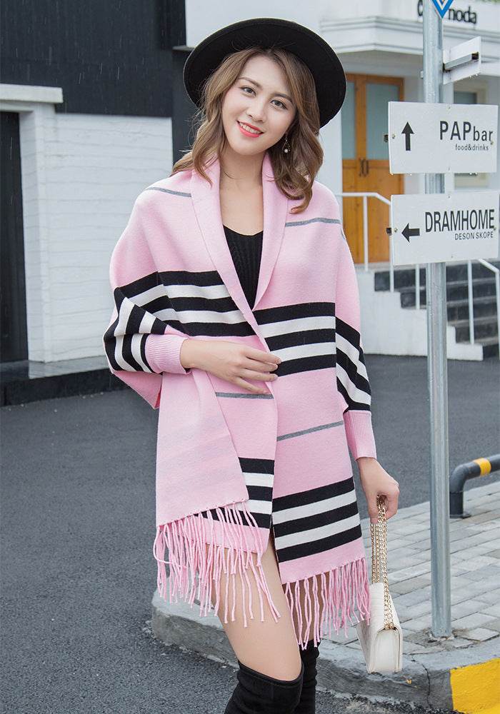 Striped fringe shawl - Mubimart