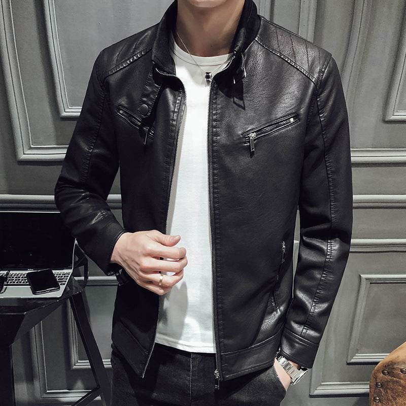 Leather jacket men's leather zipper cardigan men's jacket - Mubimart