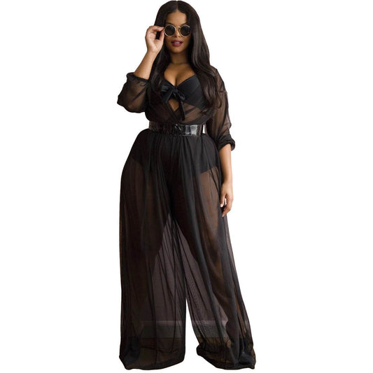 Women's Sheer Mesh Plus Size Women's Jumpsuit - Mubimart
