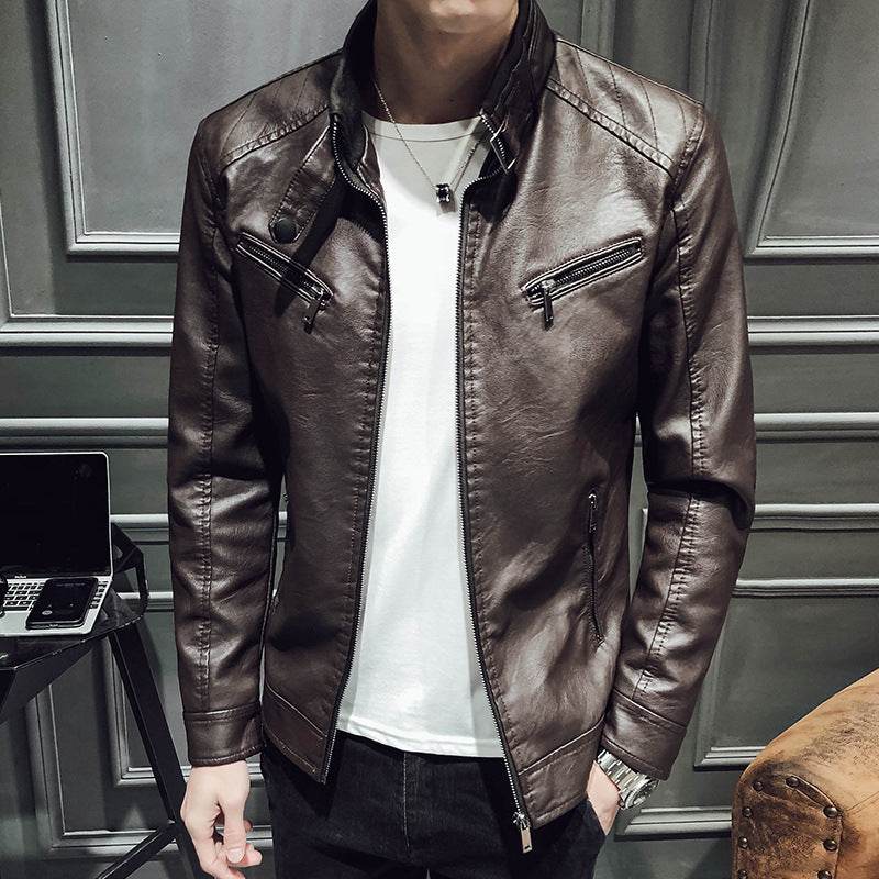 Leather jacket men's leather zipper cardigan men's jacket - Mubimart