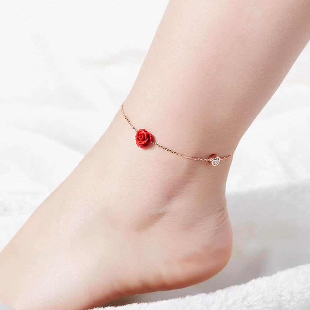 Rose flower ankle bracelet 925 silver cubic zirconia bracelet sterling silver fashion jewelry for women - Mubimart