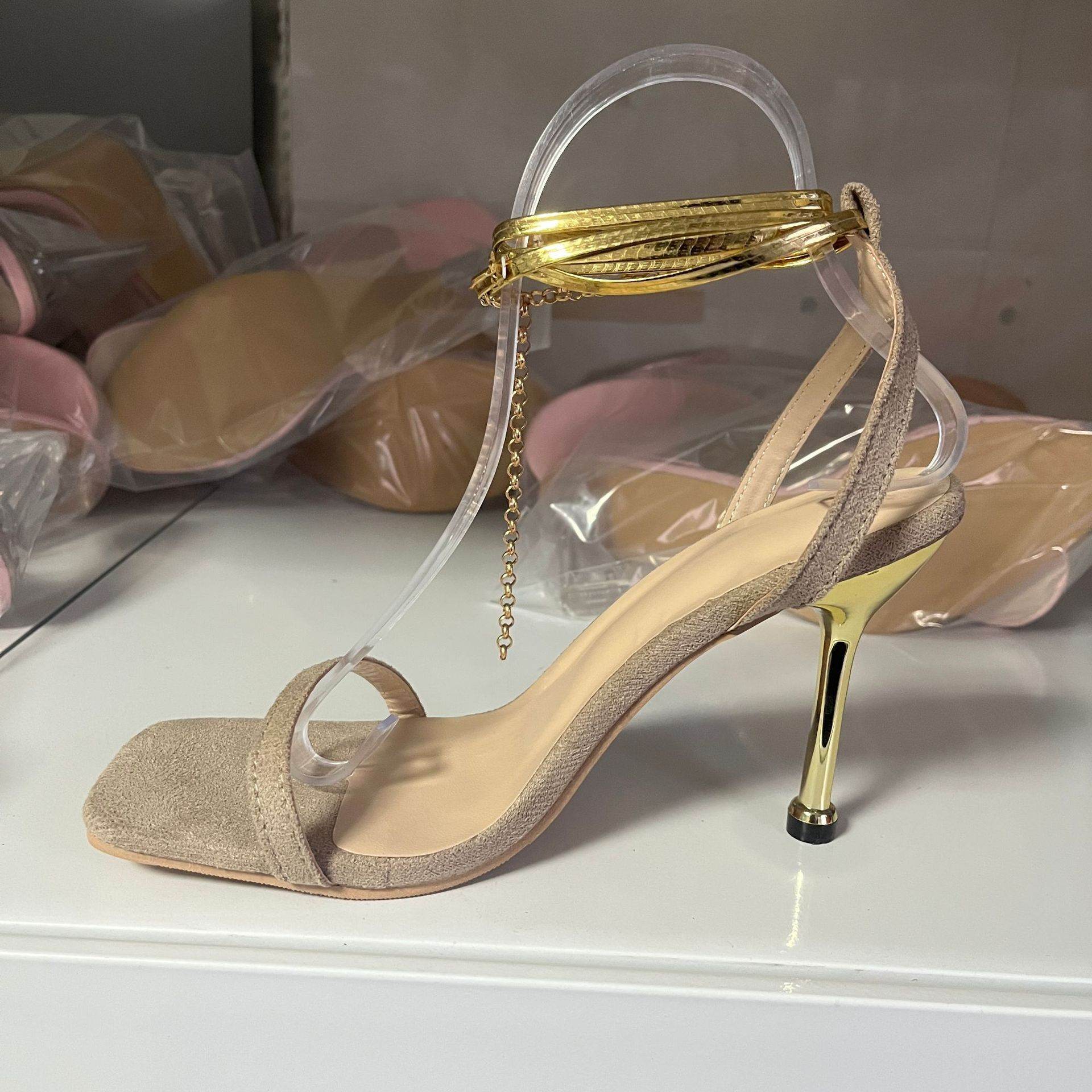 Women's Solid Color Ankle Ring Lace-up High Heels - Mubimart