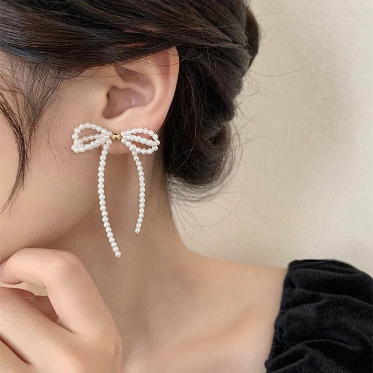 Tassel Stud Earrings Pearl Bow Earrings For Women - Mubimart
