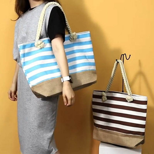Striped Beach Bag Casual Large Capacity Women Shoulder Bags - Mubimart