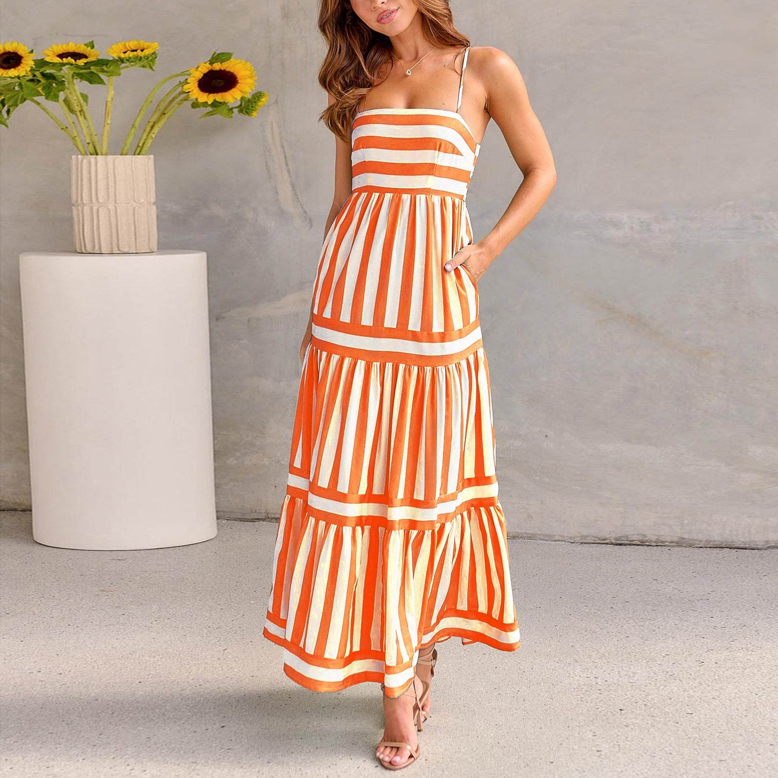 Summer Striped Printed Suspender Long Dress With Pockets Fashion Square Neck Backless Dresses For Beach Vacation Women Clothing - Mubimart