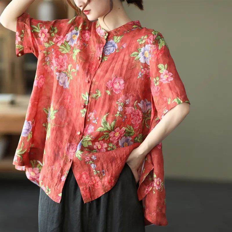 Vintage Digital Printed Cotton Linen Blouse For Women - Mubimart