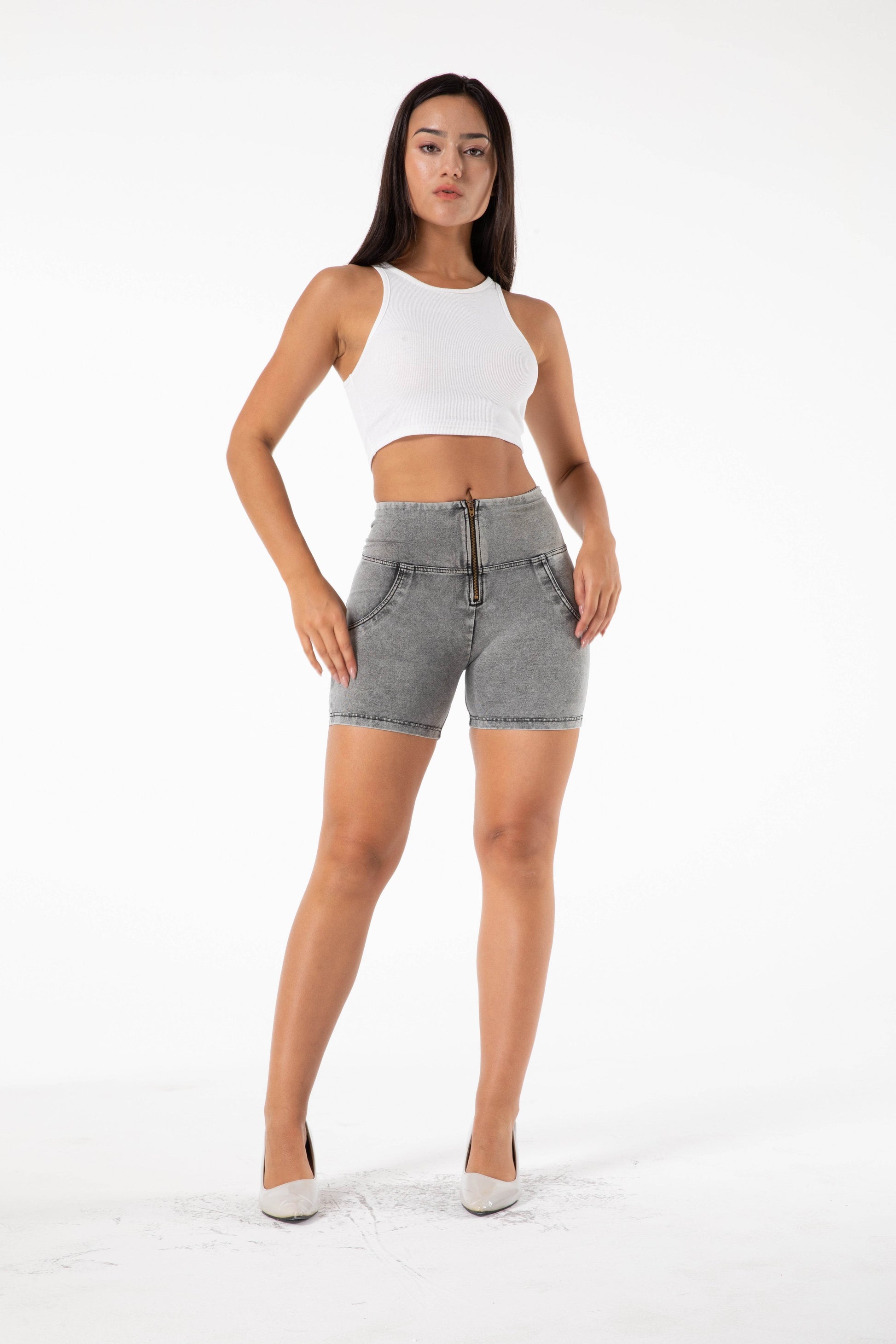 Shascullfites Melody High Waisted Denim Shorts Women Grey Jeans Outfit Soft Stretch Yoga Shorts Micro Casual Shorts - Mubimart