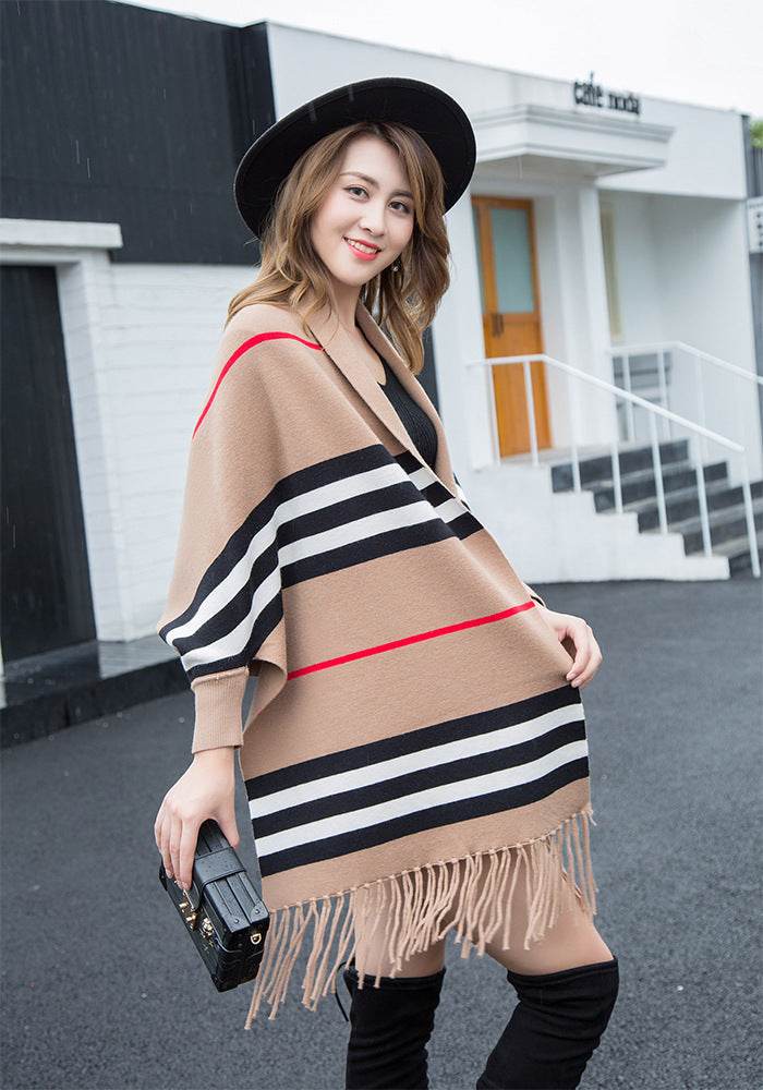 Striped fringe shawl - Mubimart