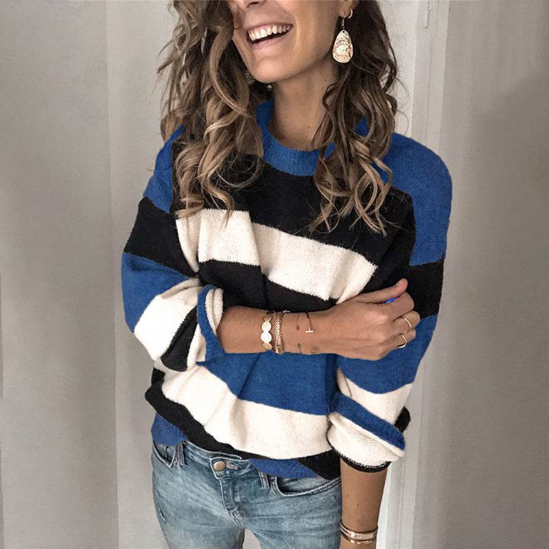 Plus size women's contrast striped sweater - Mubimart
