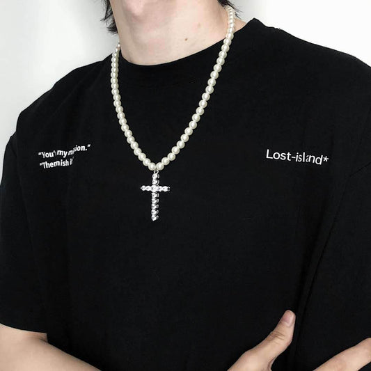 Fashion Pearl Cross Necklace For Men - Mubimart