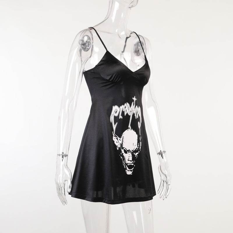 Women's Satin Dark Skull Print Slip Dress - Mubimart