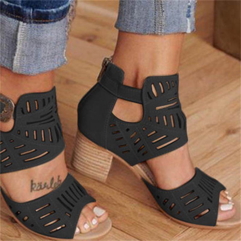 Cutout carved block heel sandals - Mubimart