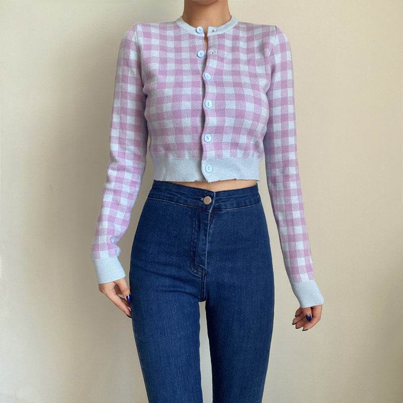 Women Crew Neck Plaid Knit Cardigan Crop Top - Mubimart