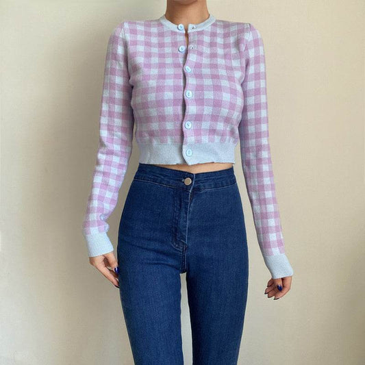 Women Crew Neck Plaid Knit Cardigan Crop Top - Mubimart