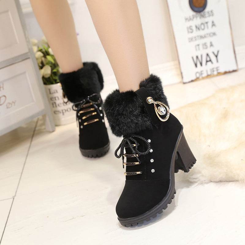 Plush Martin Boots With Lace Up High Heels - Mubimart
