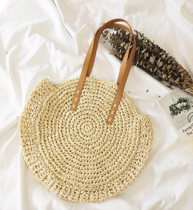 Round Straw Bags Women Summer Rattan Bag Handmade Woven Beach Cross Body Bag - Mubimart