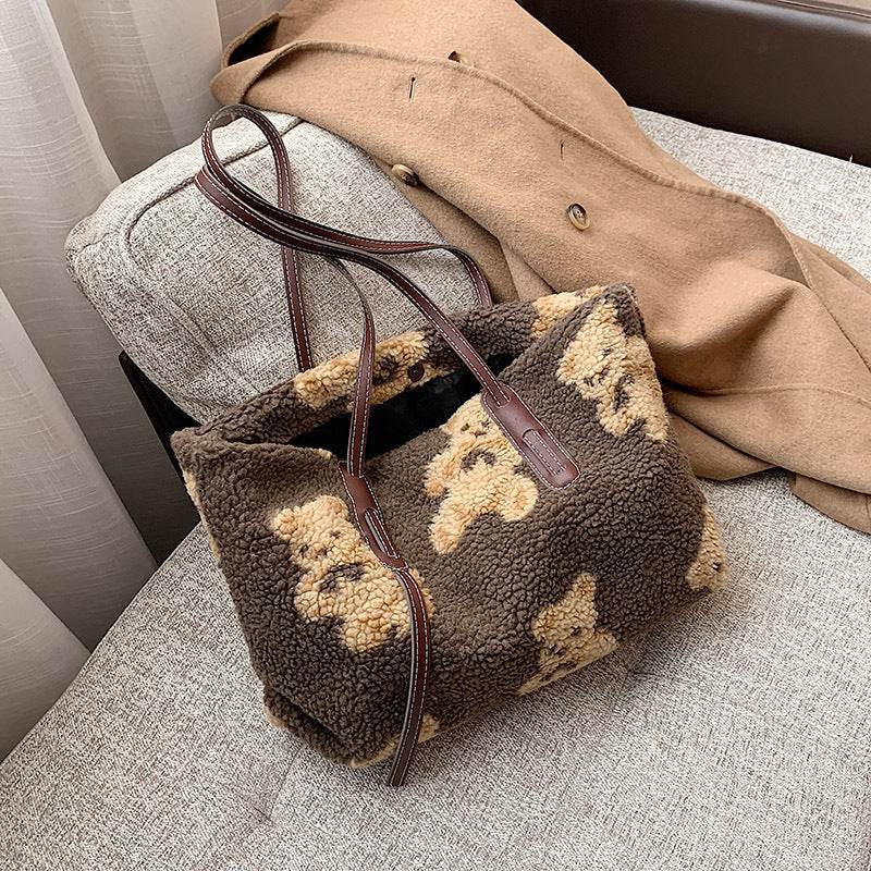 Women Cute Bear Plush Shoulder Bag Large Tote Handbag Purse - Mubimart