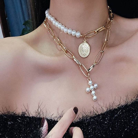 Luxury Design Imitation Pearls Choker Necklace Female Cross Pendant Necklaces for Women Gold Color Fashion Coin Jewelry - Mubimart