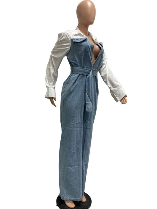 Casual Denim Stitching Plus Size Jumpsuit - Mubimart