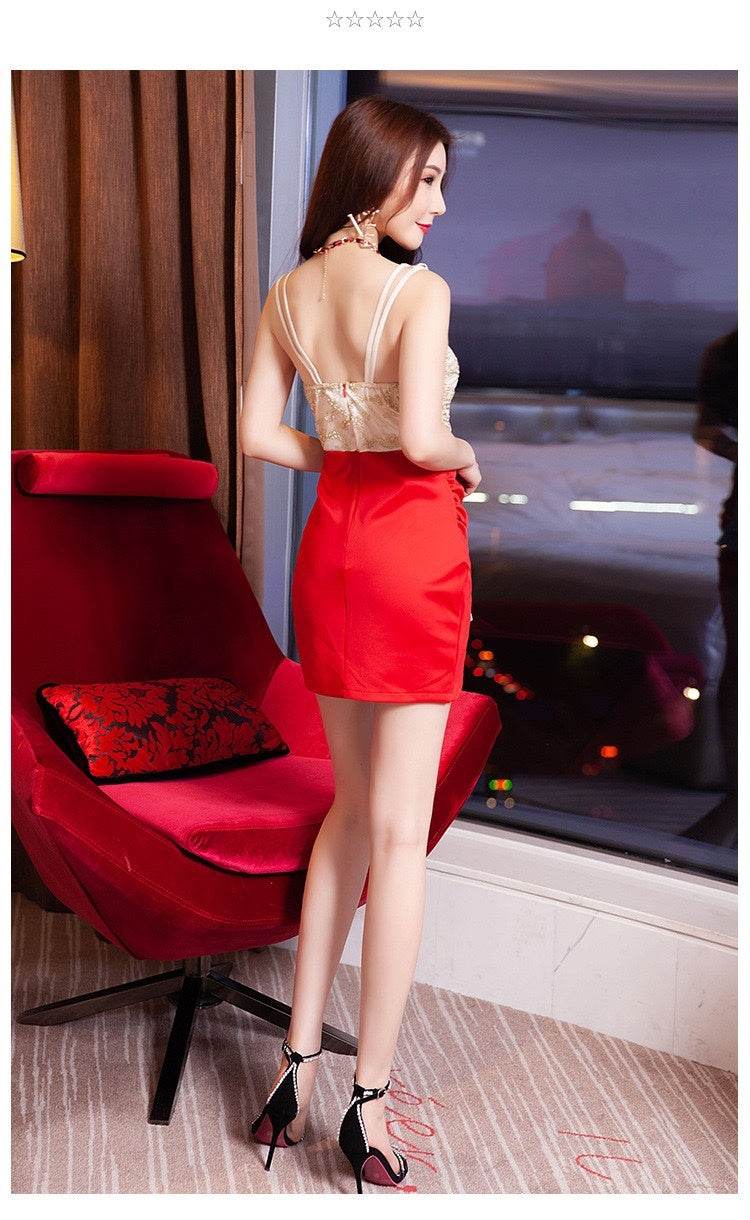 Nightclub Bar Sexy Dress V-neck Lace Splicing Hip Wrap Short Skirt Hotel KTV Foot Bath Night Work Clothes - Mubimart