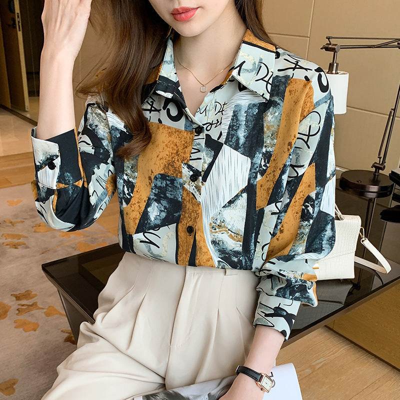 Printed Long-sleeved Shirt Women Loose Design Blouse - Mubimart
