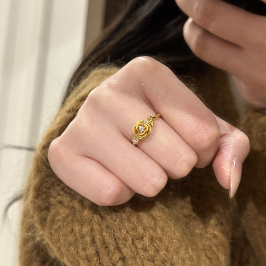 Gold Brushed Rose Shiny Diamond Ring Women's All-match High Sense Retro Affordable Luxury