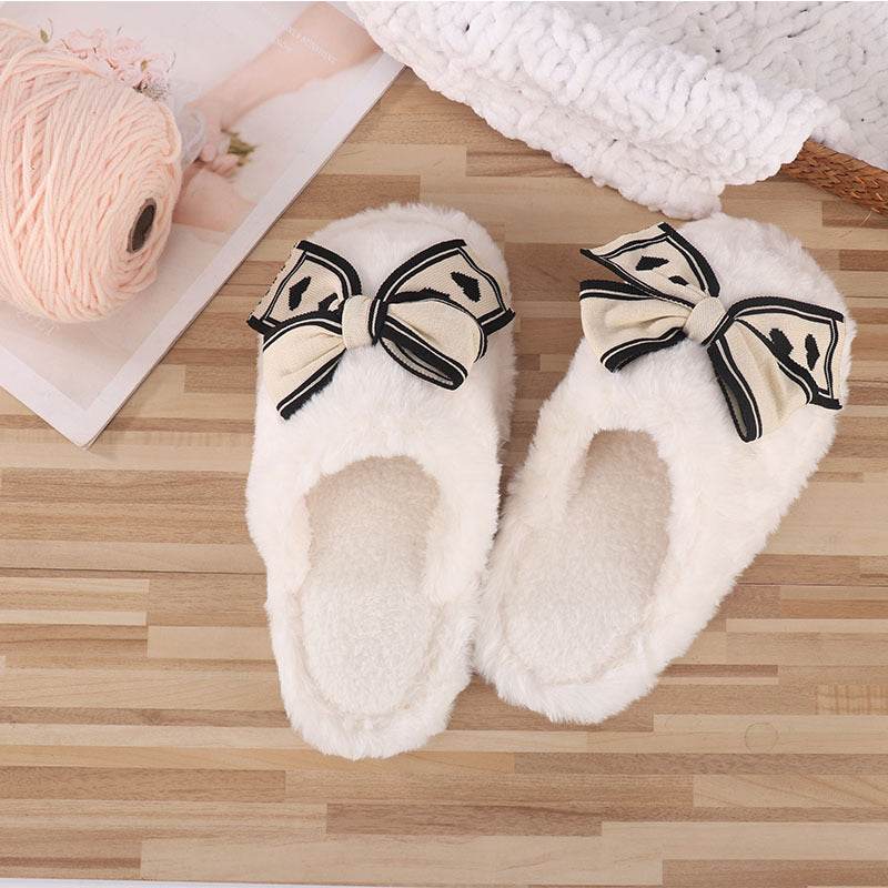 Ins Bow Slippers Home Fashion Warm Non-slip Floor Bedroom Slipper For Women House Shoes - Mubimart