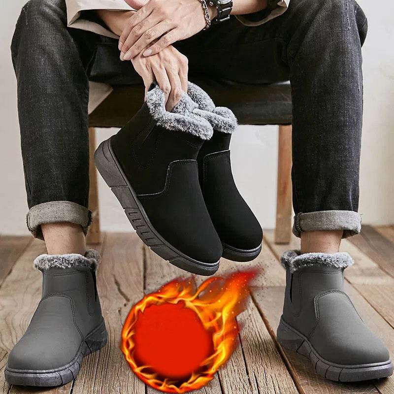 Winter Snow Boots Men V Cutout Shoes With Plush Ankle Boots - Mubimart
