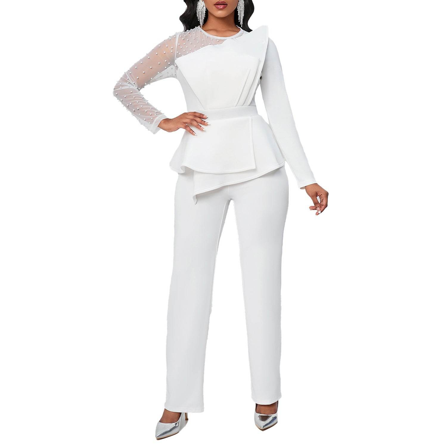 Long Sleeve Mesh Splicing Beads Banquet Plus Size Jumpsuit - Mubimart