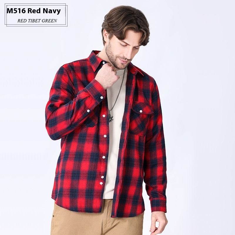 Vintage Flannel Men's Long Sleeve Brushed Plaid Shirt Coat - Mubimart