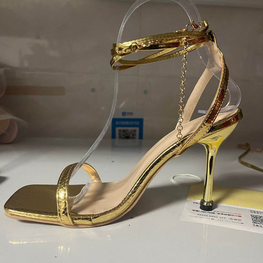 Women's Solid Color Ankle Ring Lace-up High Heels - Mubimart