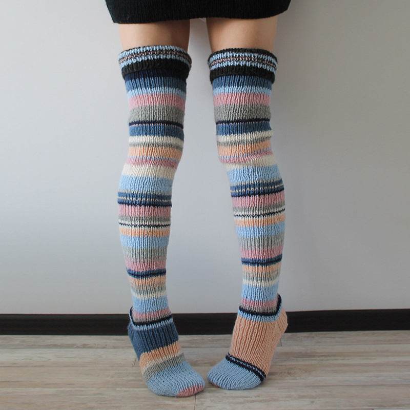 Fashion Y2K Striped Long Knee-high Knitted Pile Of Socks For Women - Mubimart