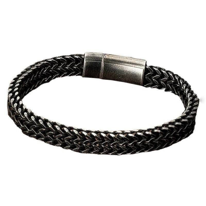 Black Vintage Mens Bracelet Punk Double Chain Stainless Steel - Mubimart